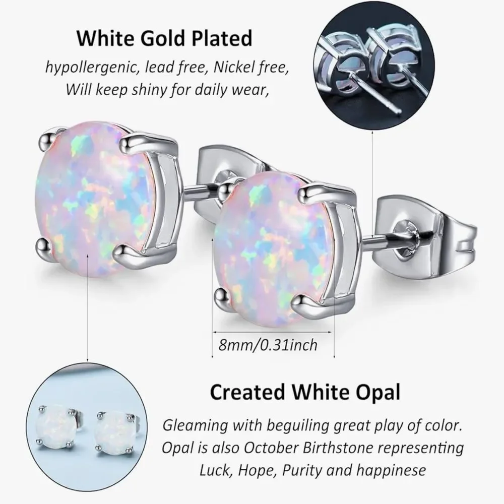 NEW 18K Gold Plated Stainless Steel Post Elegant Silver Opal Stud Earrings